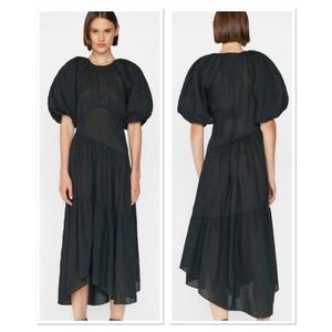 NWT FRAME Black Asymmetric Seersucker Puff Sleeve Tiered Midi Dress Minimalist S